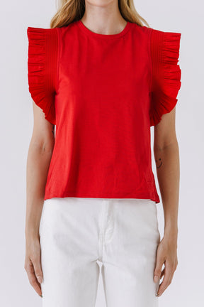 ENGLISH FACTORY - Poplin Knit Mixed Ruffle Detail Top - TOPS available at Objectrare