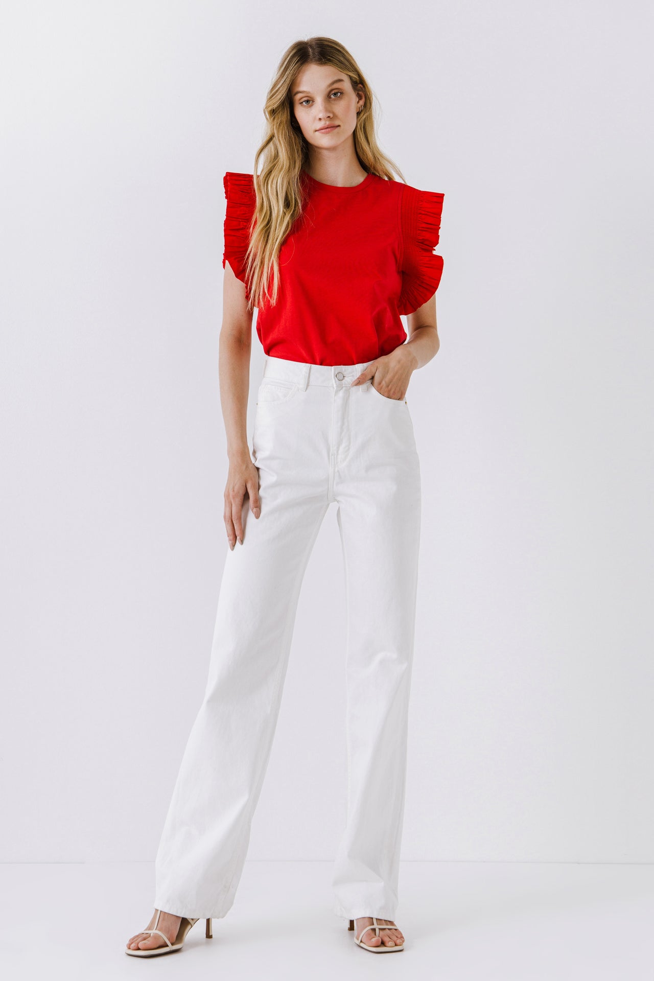 ENGLISH FACTORY - Poplin Knit Mixed Ruffle Detail Top - TOPS available at Objectrare