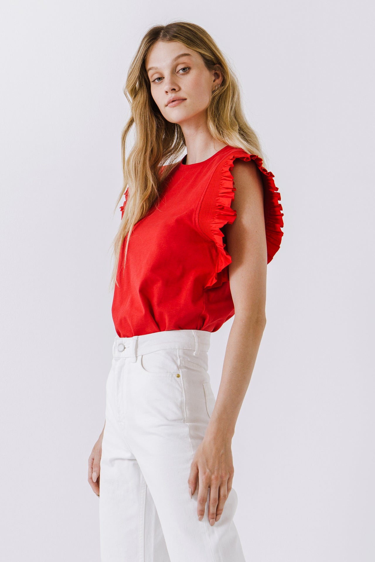 ENGLISH FACTORY - English Factory - Poplin Knit Mixed Ruffle Detail Top - TOPS available at Objectrare