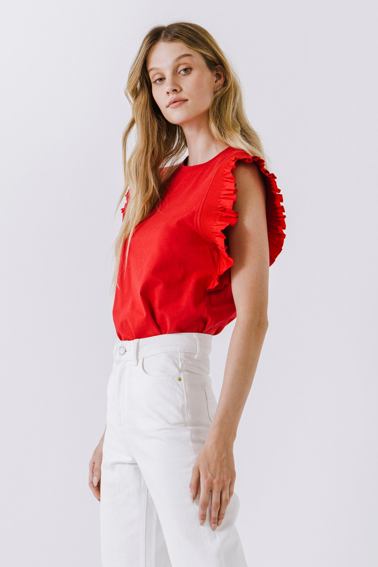 ENGLISH FACTORY - Poplin Knit Mixed Ruffle Detail Top - TOPS available at Objectrare
