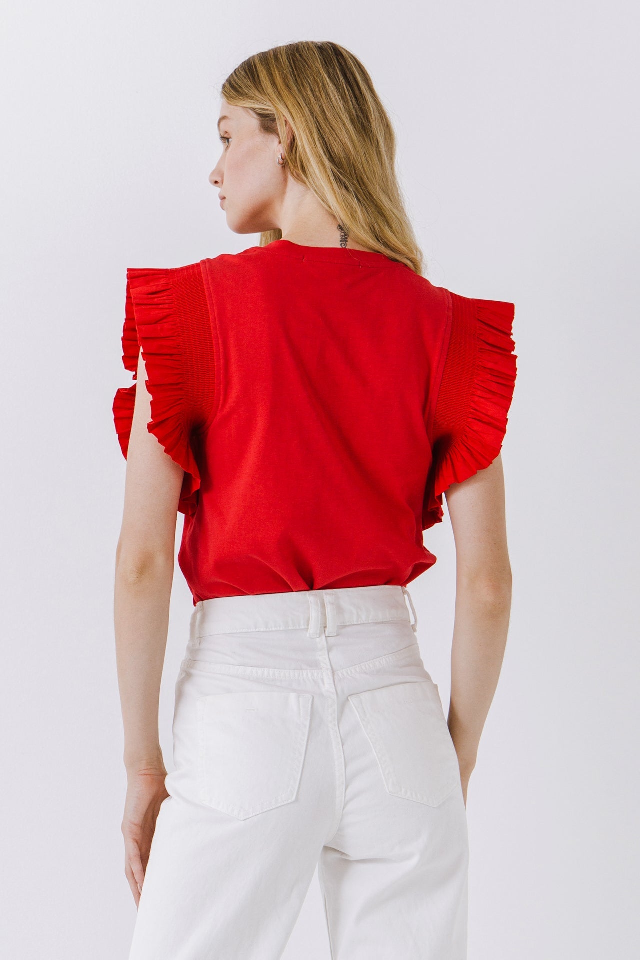 ENGLISH FACTORY - Poplin Knit Mixed Ruffle Detail Top - TOPS available at Objectrare