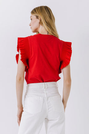 ENGLISH FACTORY - Poplin Knit Mixed Ruffle Detail Top - TOPS available at Objectrare