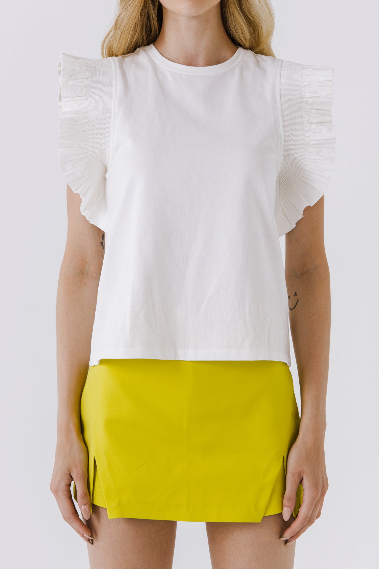 ENGLISH FACTORY - Poplin Knit Mixed Ruffle Detail Top - TOPS available at Objectrare