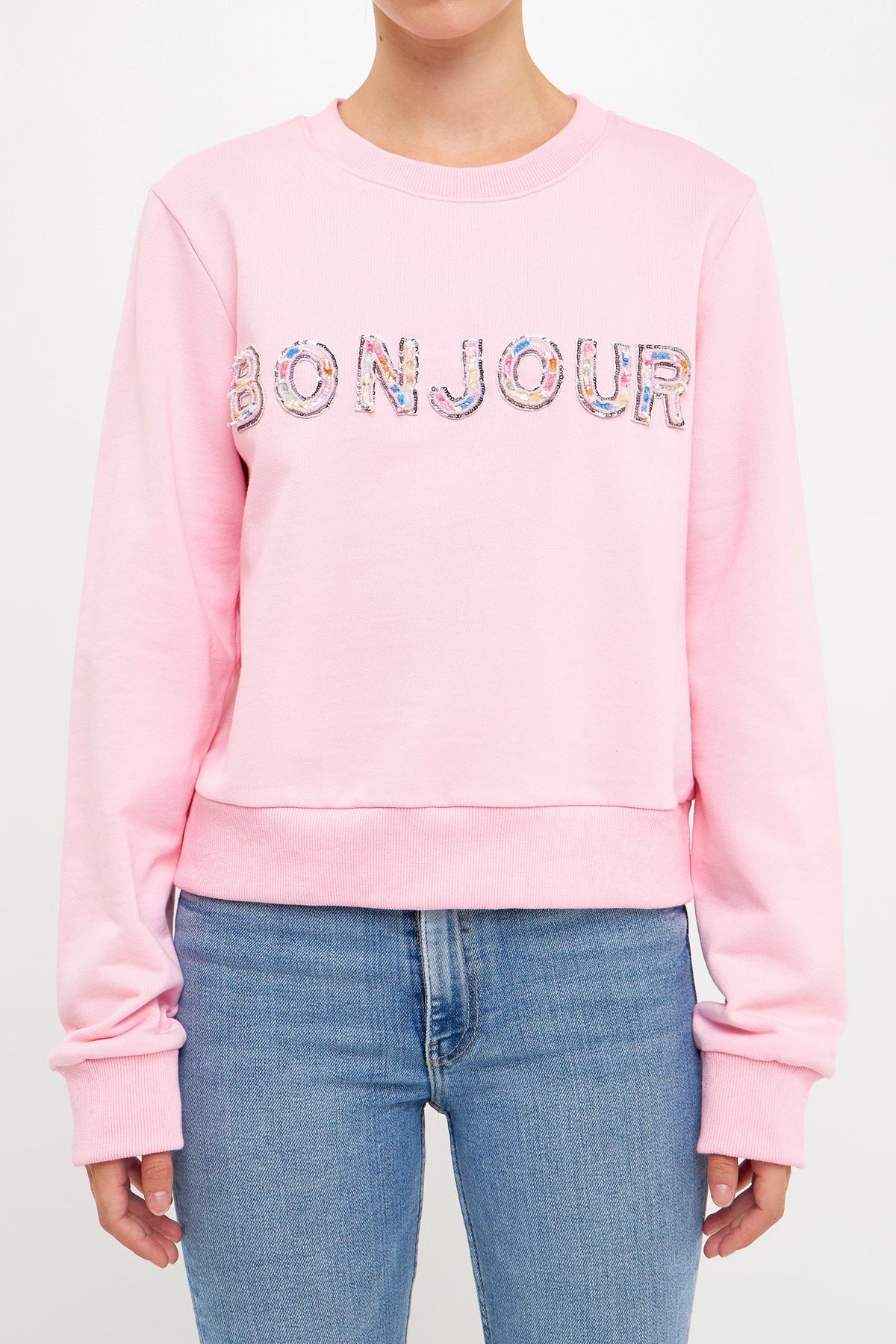 ENDLESS ROSE - Endless Rose - Bonjour Lettering Beads Sweatshirt - HOODIES &SWEATSHIRTS available at Objectrare