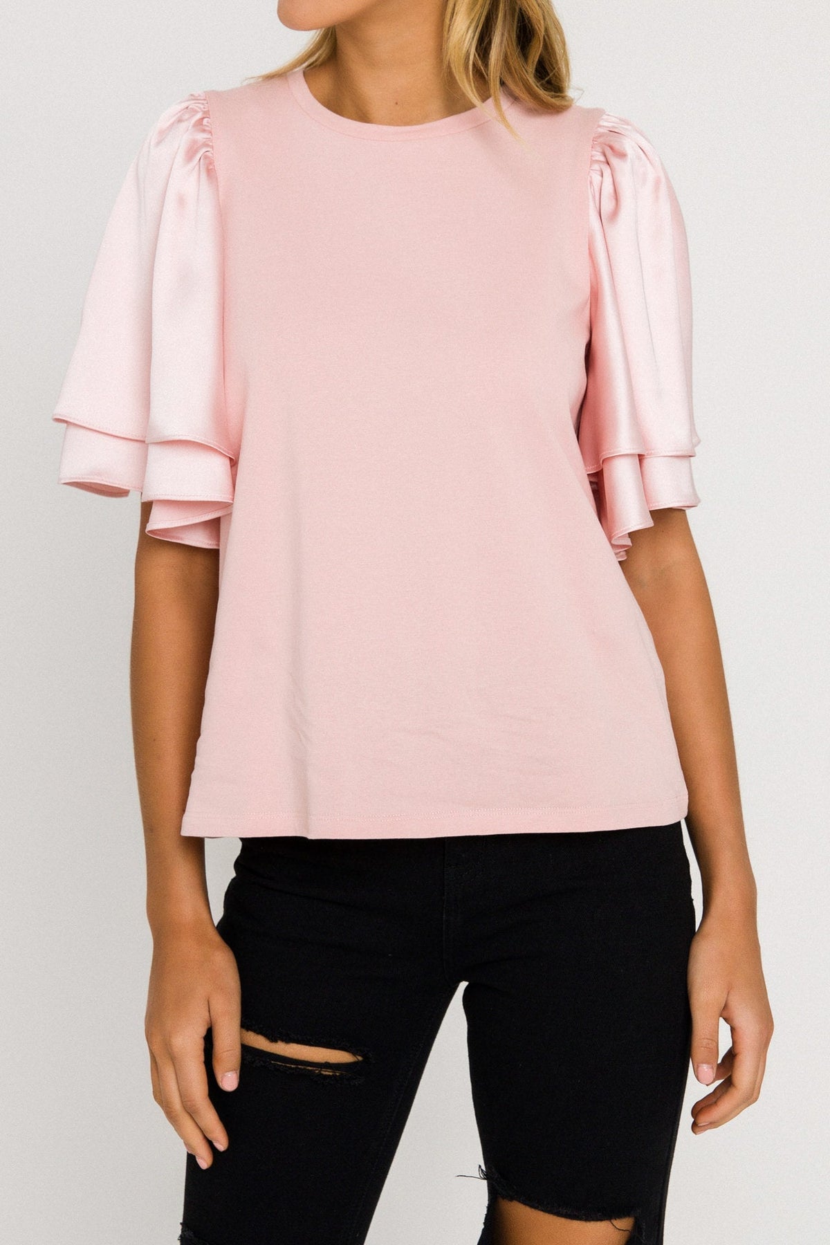 ENGLISH FACTORY - Chiffon Ruffle Sleeve T-shirt - T-SHIRTS available at Objectrare