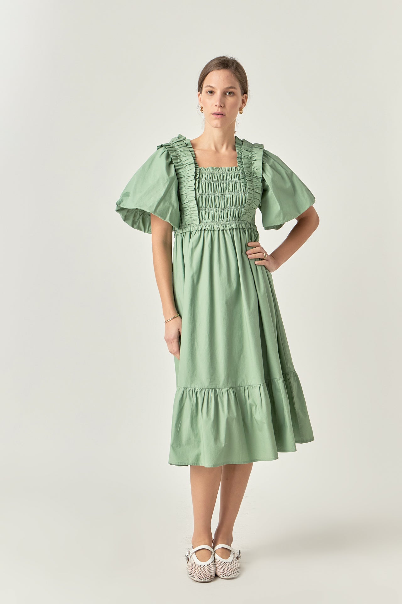 ENGLISH FACTORY - Puff Sleeve Square Neck Midi Dress - DRESSES available at Objectrare