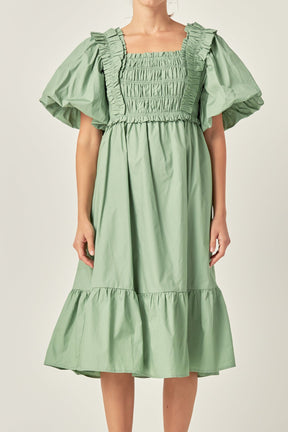 Puff Sleeve Square Neck Midi Dress