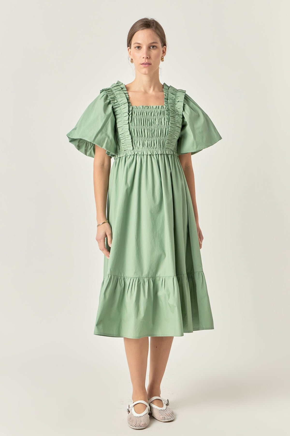 Puff Sleeve Square Neck Midi Dress