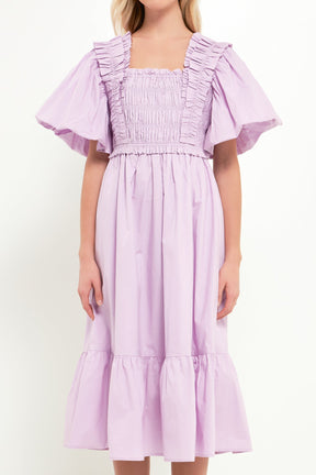 ENGLISH FACTORY - Puff Sleeve Square Neck Midi Dress - DRESSES available at Objectrare