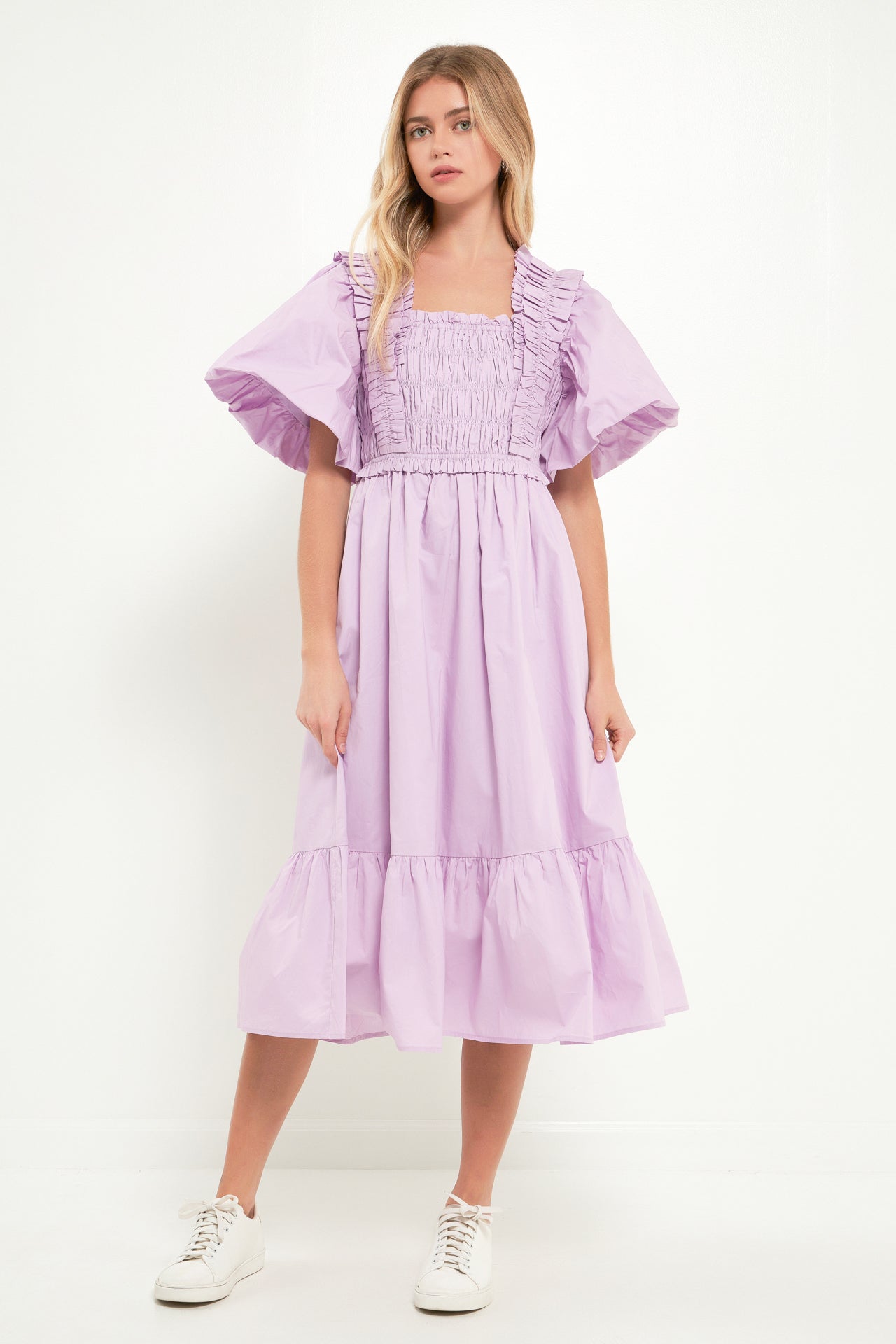 ENGLISH FACTORY - Puff Sleeve Square Neck Midi Dress - DRESSES available at Objectrare
