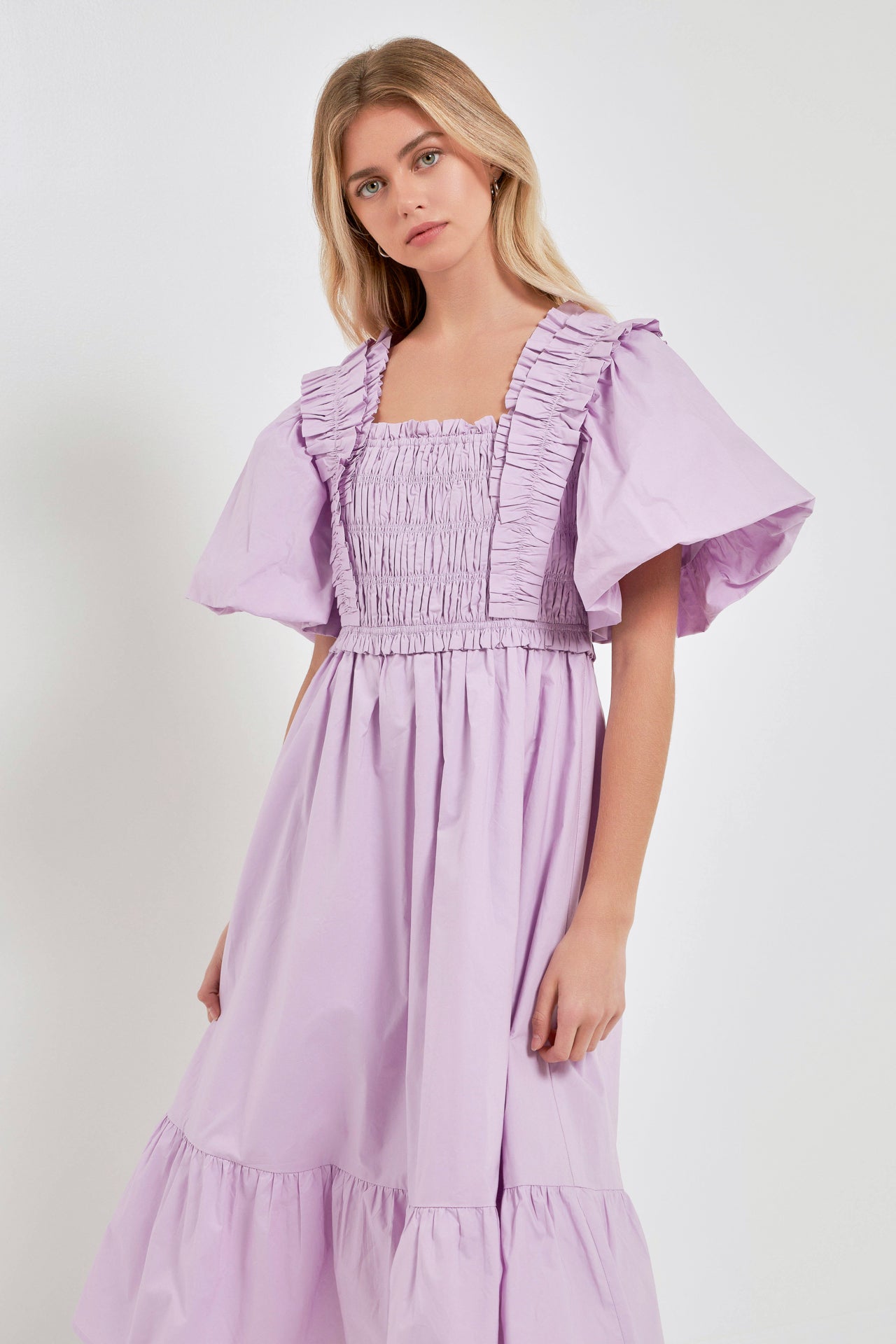 Puff Sleeve Square Neck Midi Dress