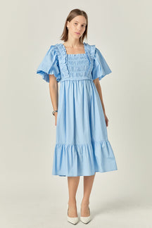 ENGLISH FACTORY - Puff Short Sleeve Square Neck Midi Dress - DRESSES available at Objectrare