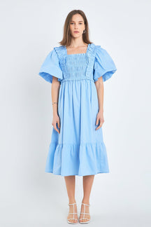 ENGLISH FACTORY - Puff Sleeve Square Neck Midi Dress - DRESSES available at Objectrare