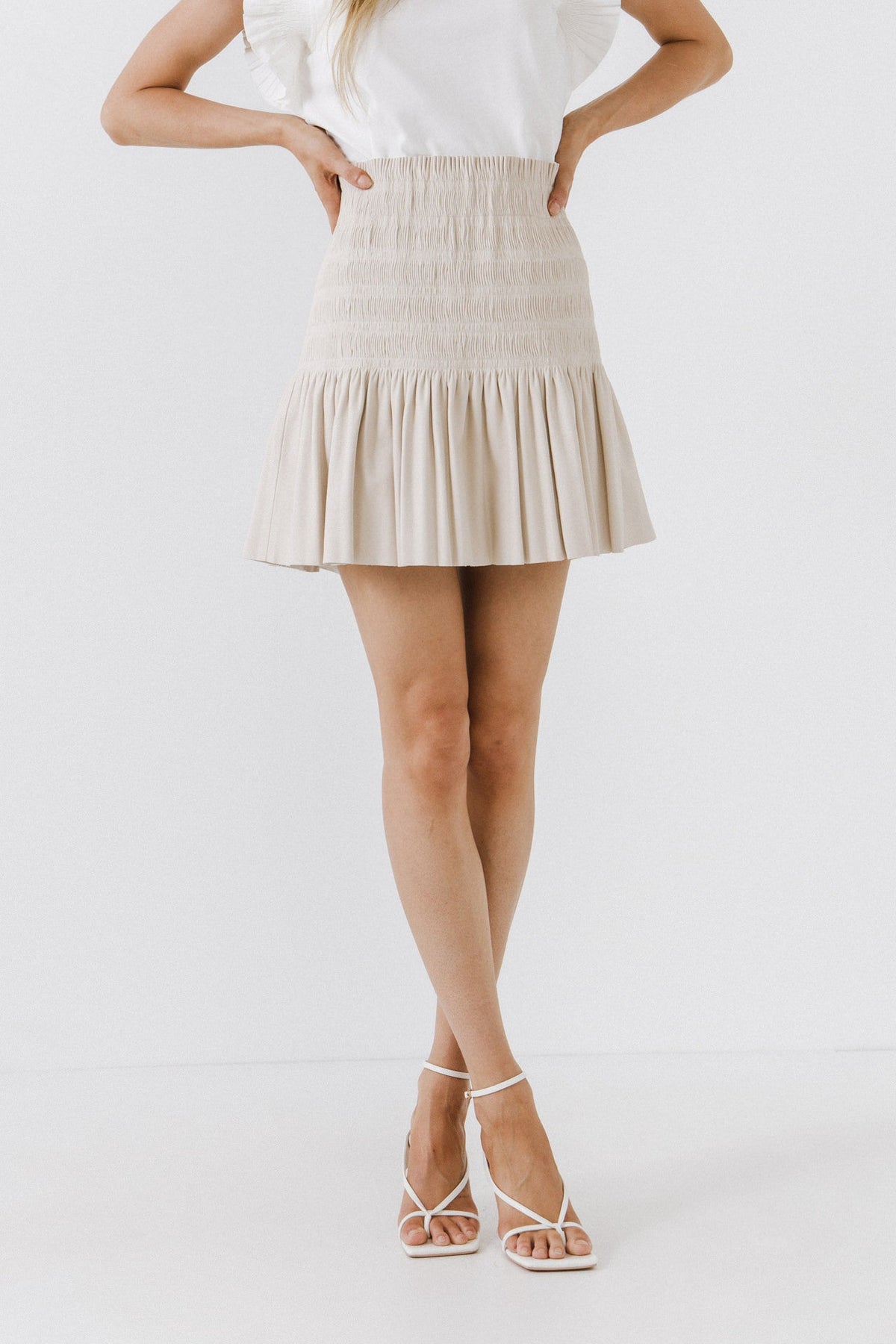 Smocked Pleated Faux Leather Skirt