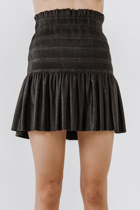 Smocked Pleated Faux Leather Skirt