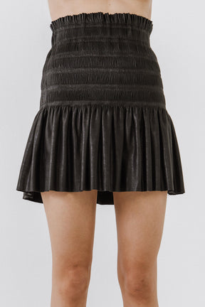 Smocked Pleated Faux Leather Skirt