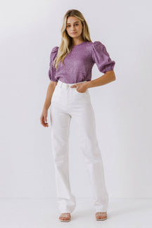 ENDLESS ROSE - Texture Fabric Puff Sleeve Top - TOPS available at Objectrare