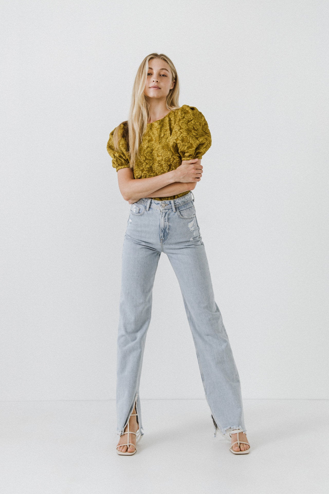 ENDLESS ROSE - Floral Jacquard Puff Sleeve Top - SHIRTS & BLOUSES available at Objectrare