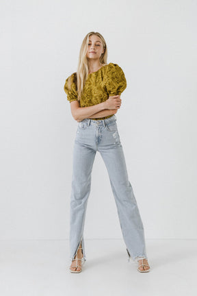 ENDLESS ROSE - Floral Jacquard Puff Sleeve Top - SHIRTS & BLOUSES available at Objectrare