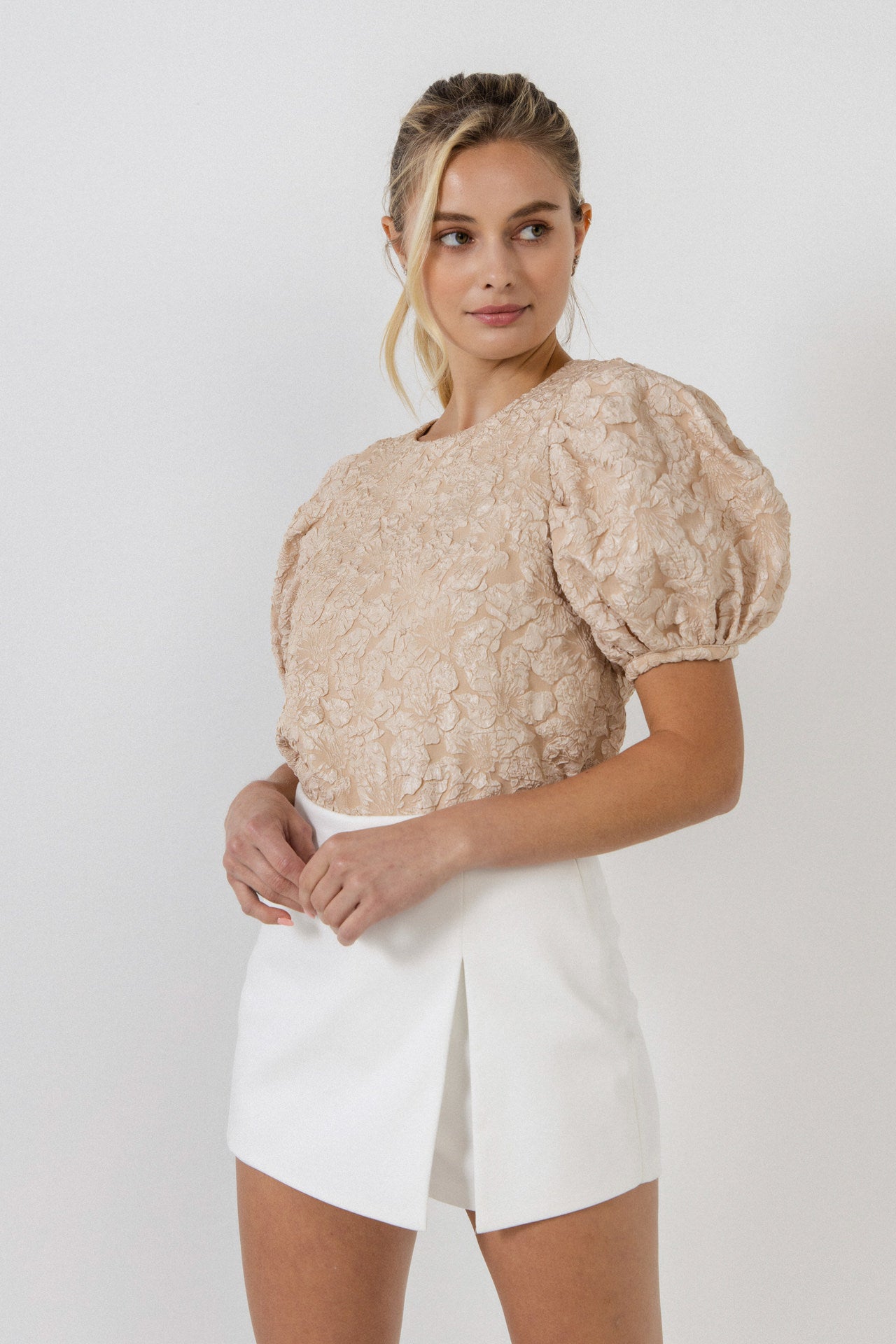 ENDLESS ROSE - Floral Jacquard Puff Sleeve Top - TOPS available at Objectrare