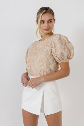 ENDLESS ROSE - Floral Jacquard Puff Sleeve Top - TOPS available at Objectrare