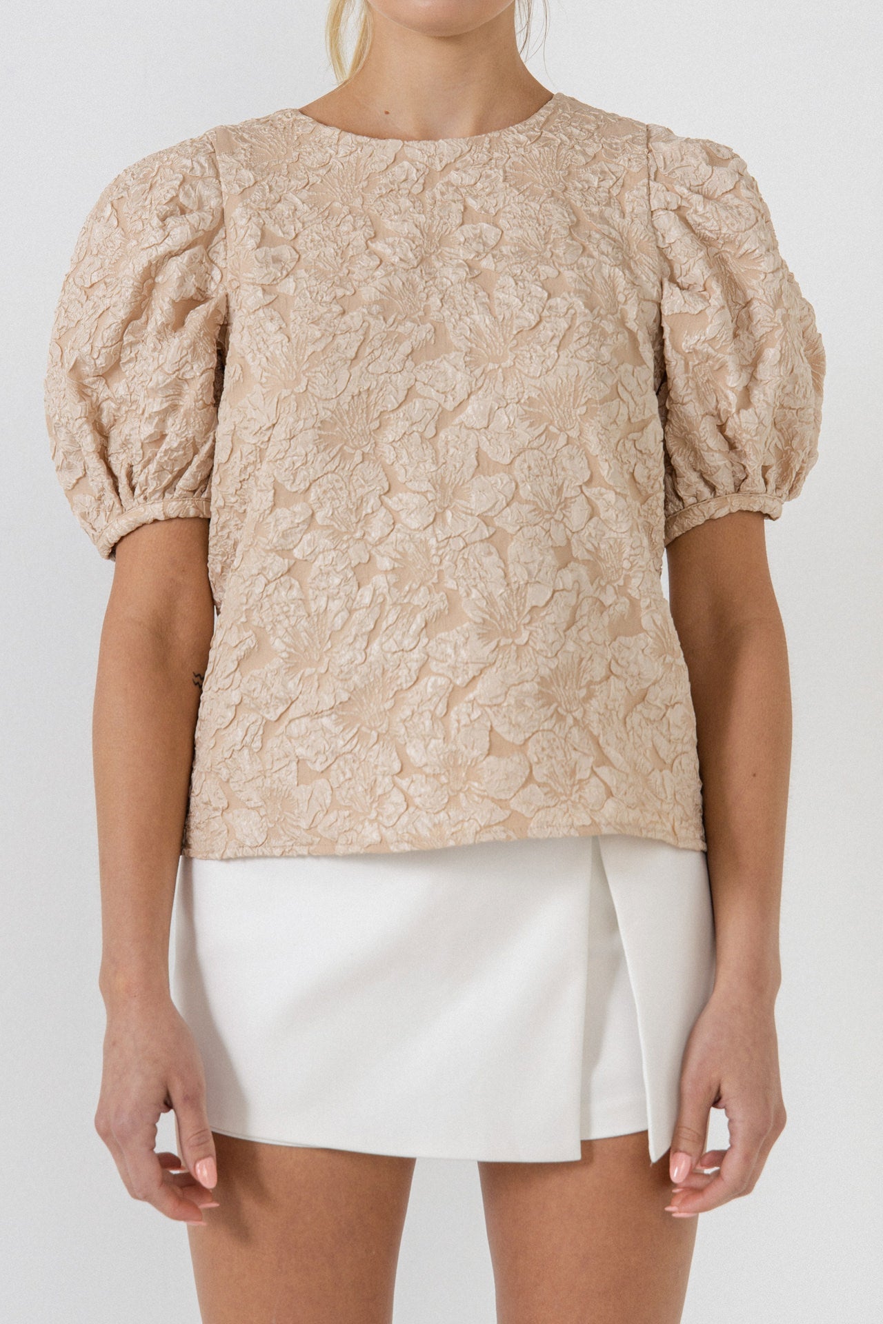 ENDLESS ROSE - Floral Jacquard Puff Sleeve Top - SHIRTS & BLOUSES available at Objectrare