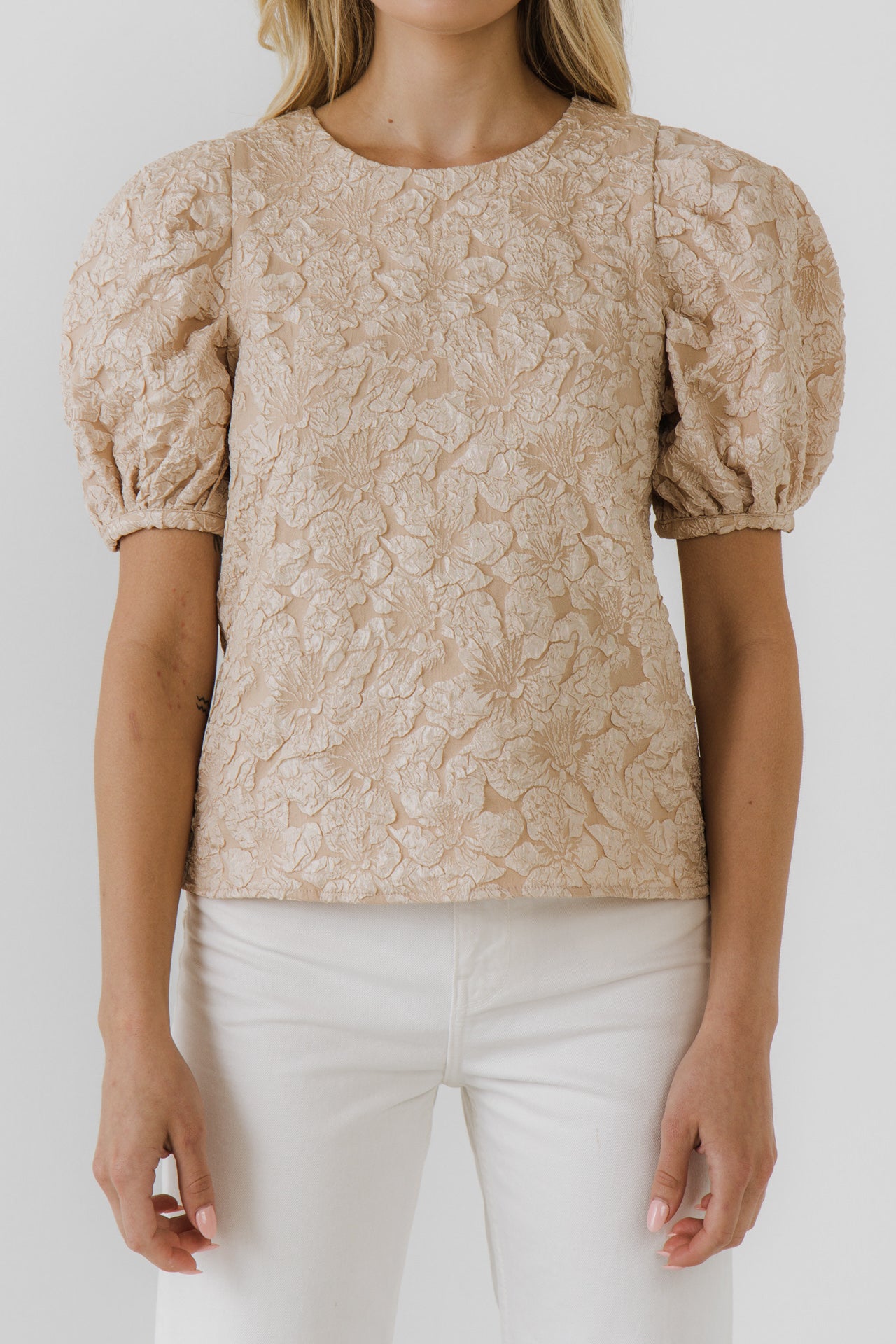 ENDLESS ROSE - Jacquard Puff Sleeve Top - TOPS available at Objectrare