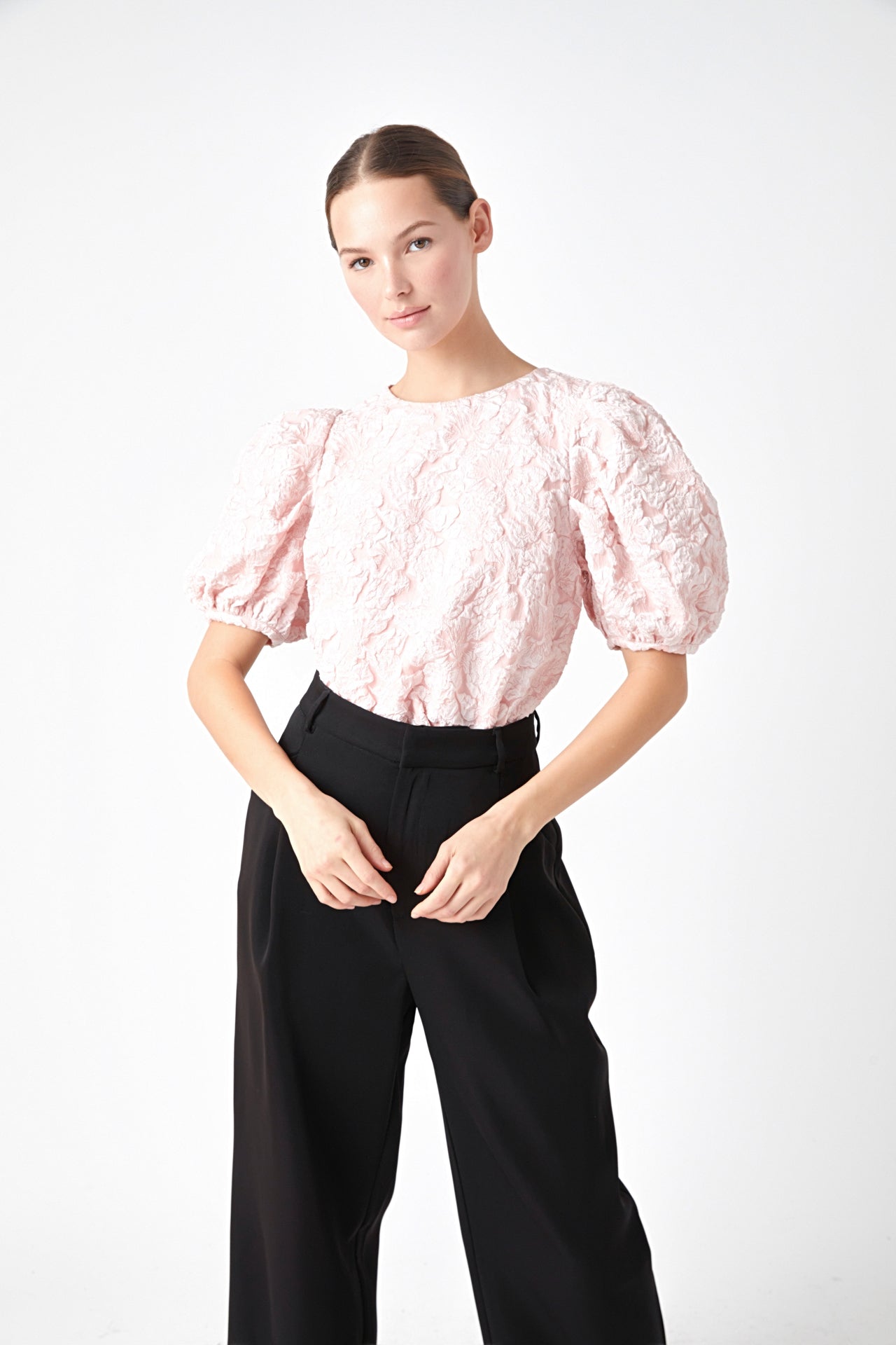 ENDLESS ROSE - Floral Jacquard Puff Sleeve Top - TOPS available at Objectrare