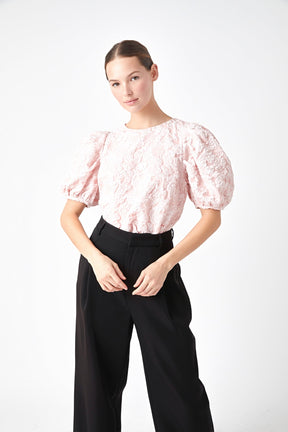 ENDLESS ROSE - Floral Jacquard Puff Sleeve Top - TOPS available at Objectrare