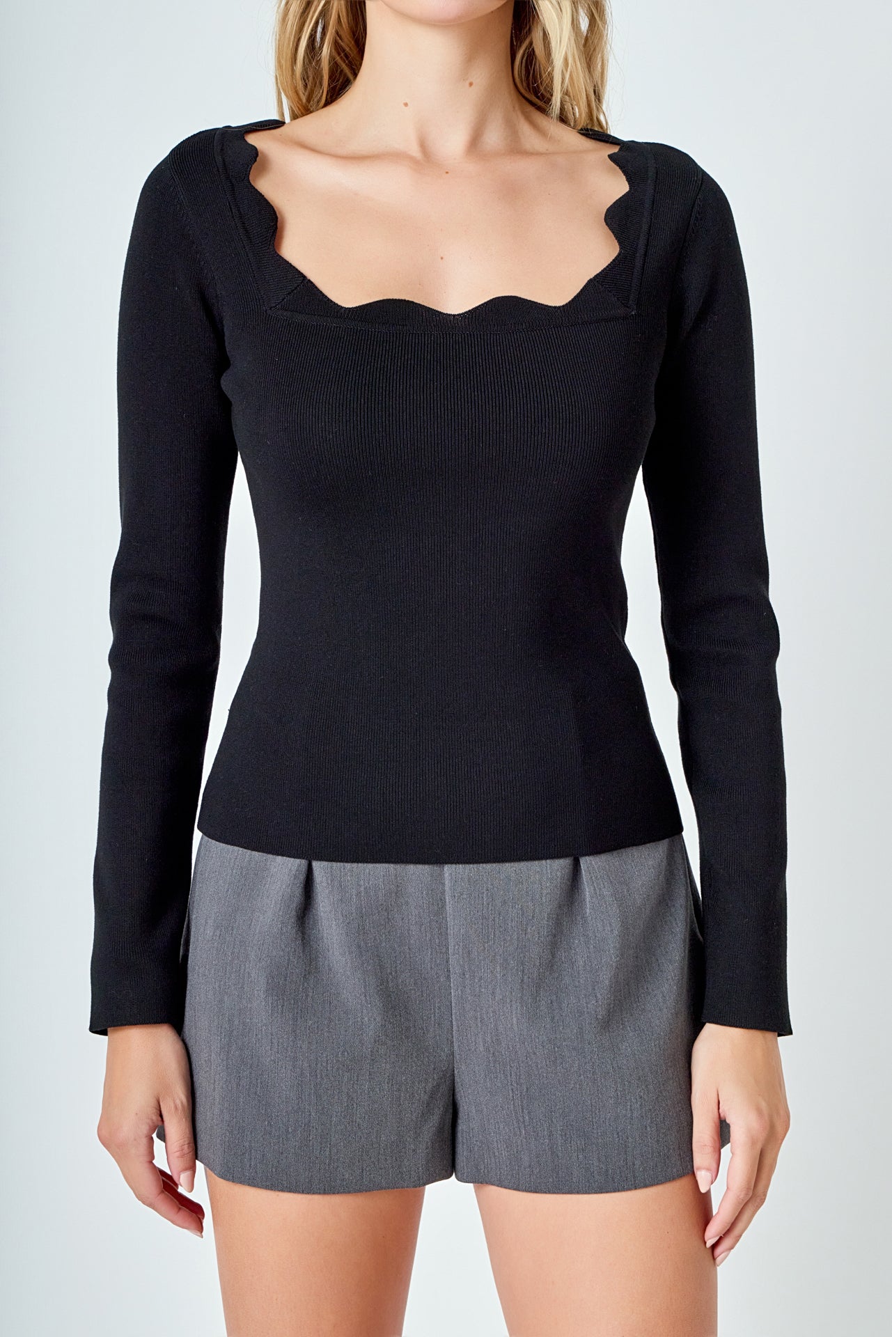 ENDLESS ROSE - Scallop Detail Long Sleeve Sweater - SWEATERS & KNITS available at Objectrare