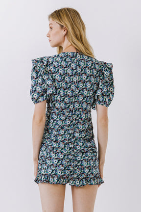 ENDLESS ROSE - Floral V-neck Shirring Dress - DRESSES available at Objectrare