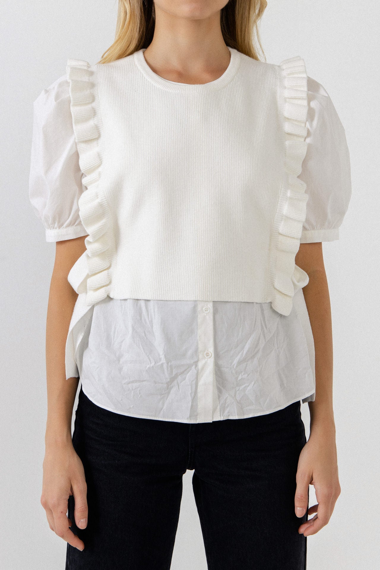 ENGLISH FACTORY - English Factory - Short Puff Sleeve Shirt with Ruffed Sweater - TOPS available at Objectrare