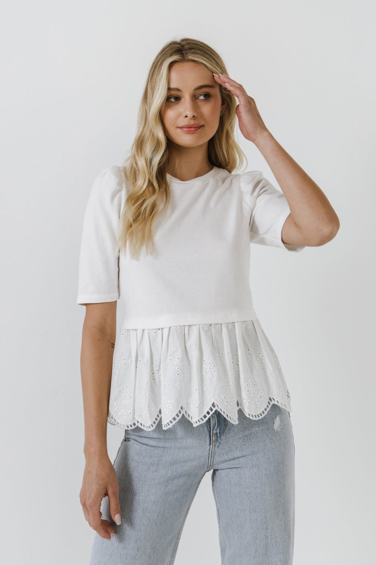 Mixed Media Eyelet Scallop Top