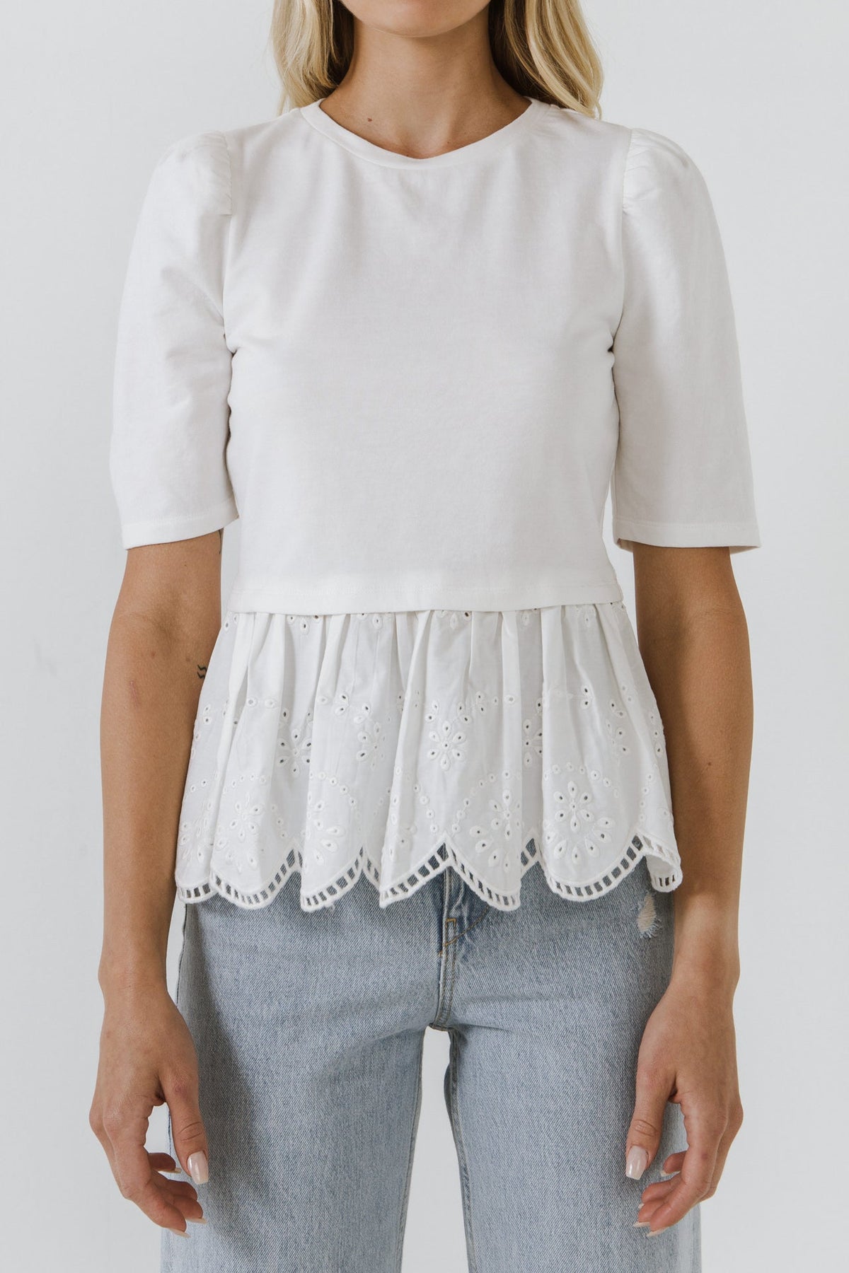 Mixed Media Eyelet Scallop Top