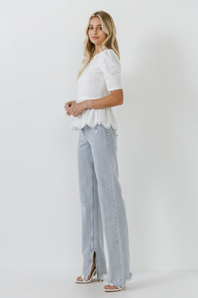 ENGLISH FACTORY - Mixed Media Eyelet Scallop Top - TOPS available at Objectrare