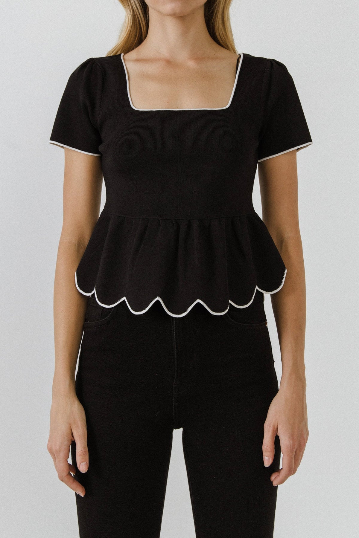 ENGLISH FACTORY - Scallop Edge Square Neckline Sweater - SWEATERS & KNITS available at Objectrare