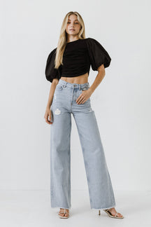 ENGLISH FACTORY - Mixed Media Shirred Puff Sleeve Top - TOPS available at Objectrare