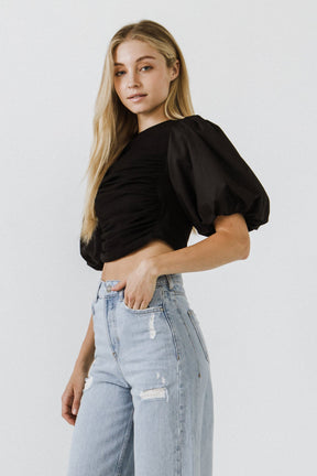 ENGLISH FACTORY - Mixed Media Shirred Puff Sleeve Top - TOPS available at Objectrare
