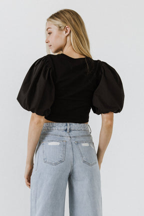ENGLISH FACTORY - Mixed Media Shirred Puff Sleeve Top - TOPS available at Objectrare
