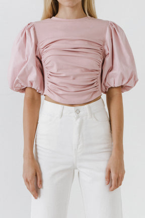 ENGLISH FACTORY - Mixed Media Shirred Puff Sleeve Top - TOPS available at Objectrare