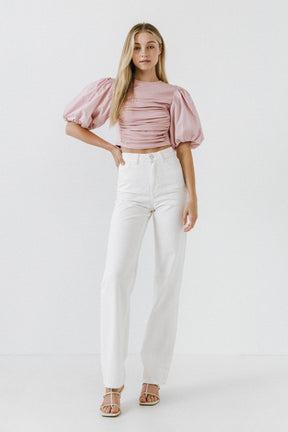 ENGLISH FACTORY - Mixed Media Shirred Puff Sleeve Top - TOPS available at Objectrare