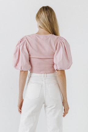 ENGLISH FACTORY - Mixed Media Shirred Puff Sleeve Top - TOPS available at Objectrare