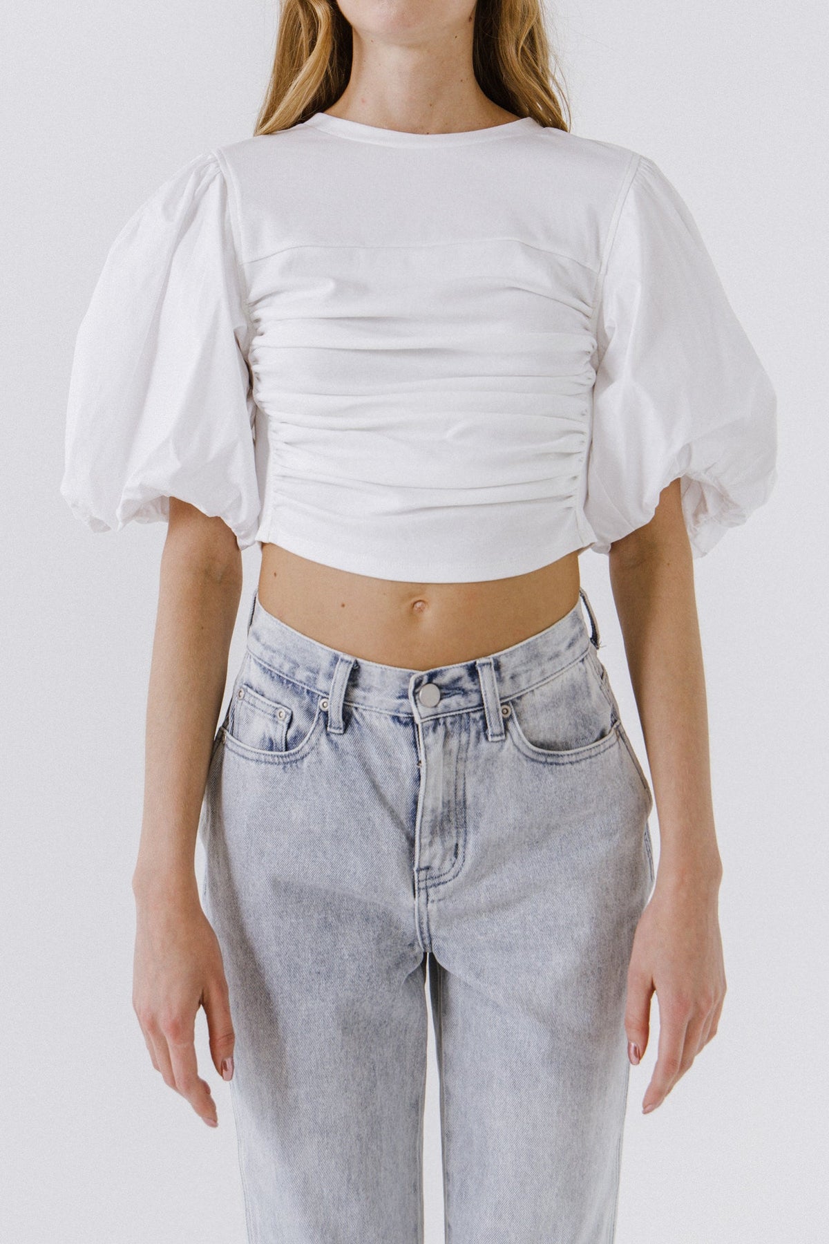 ENGLISH FACTORY - Mixed Media Shirred Puff Sleeve Top - TOPS available at Objectrare