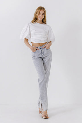 ENGLISH FACTORY - Mixed Media Shirred Puff Sleeve Top - TOPS available at Objectrare