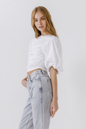 ENGLISH FACTORY - Mixed Media Shirred Puff Sleeve Top - TOPS available at Objectrare