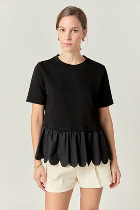 ENGLISH FACTORY - Mixed Media Scallop Detail T-shirt - T-SHIRTS available at Objectrare
