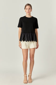ENGLISH FACTORY - Mixed Media Scallop Detail T-shirt - T-SHIRTS available at Objectrare