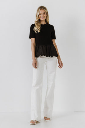 ENGLISH FACTORY - Mixed Media Scalloped T-shirt - T-SHIRTS available at Objectrare