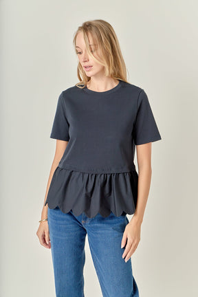 ENGLISH FACTORY - Mixed Media Scallop Detail T-shirt - T-SHIRTS available at Objectrare