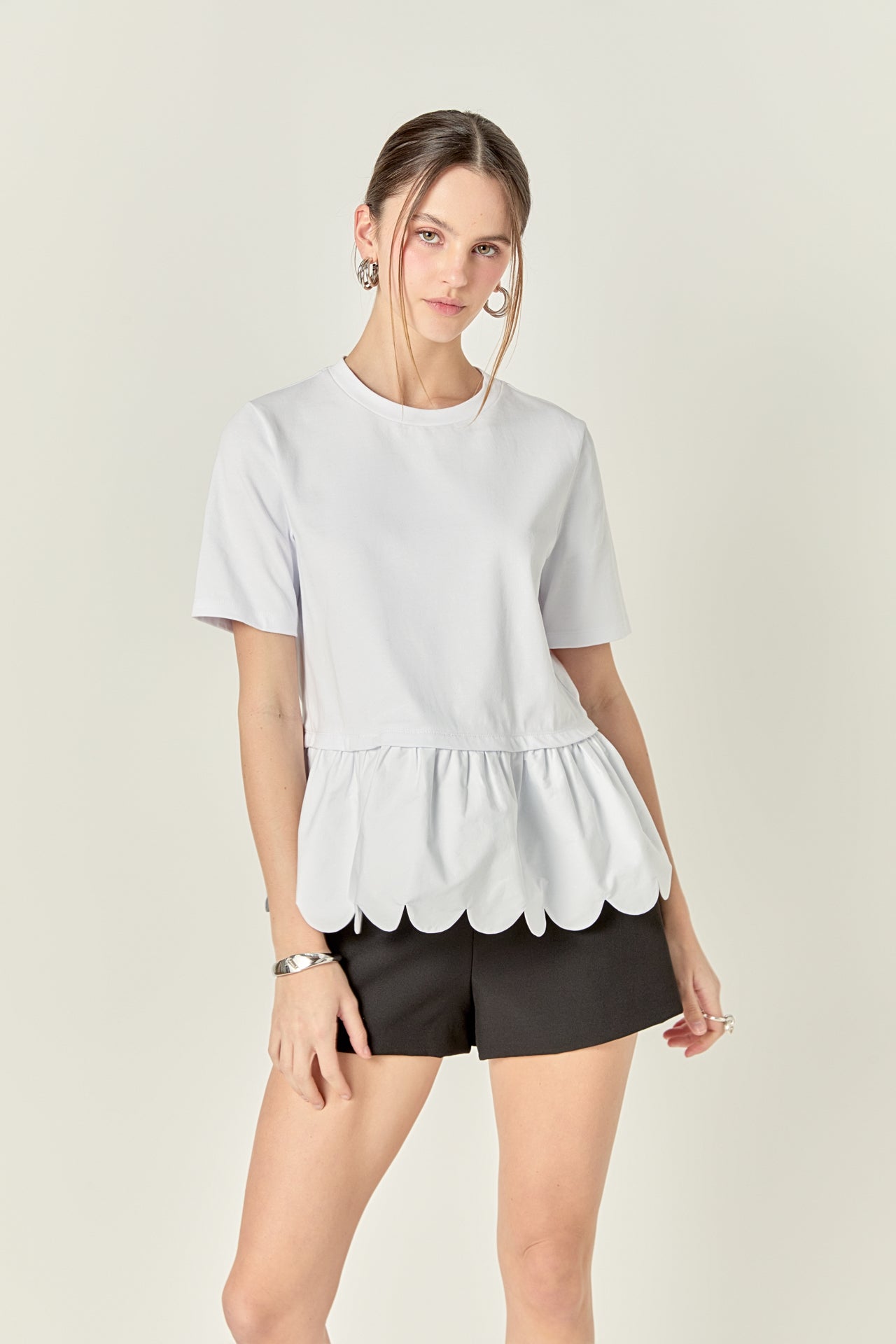 ENGLISH FACTORY - Mixed Media Scallop Detail T-shirt - T-SHIRTS available at Objectrare